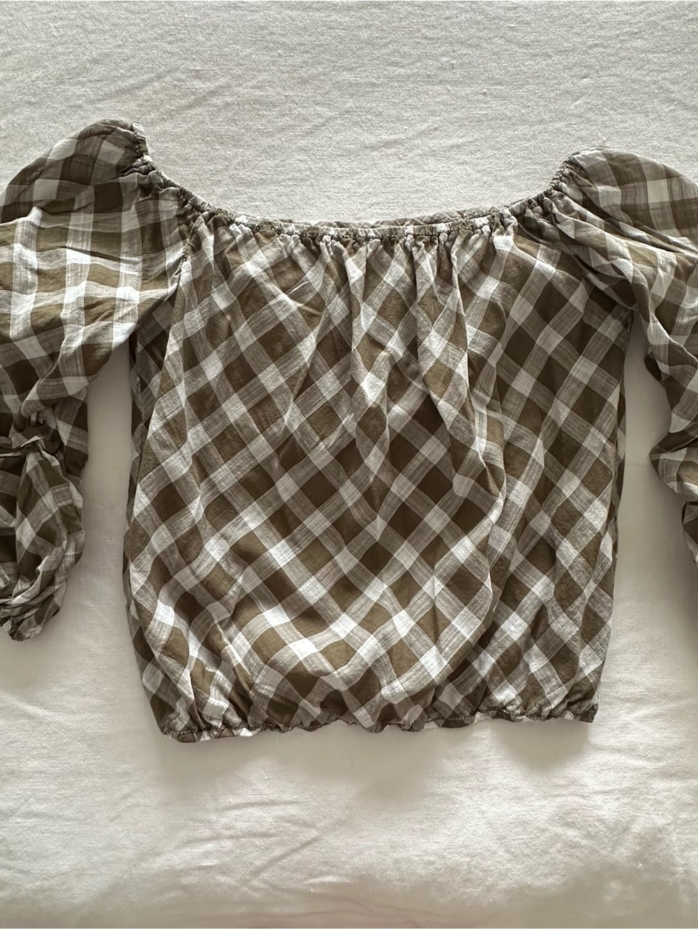 Max Studio olive green and White Off-Shoulder Plaid Blouse